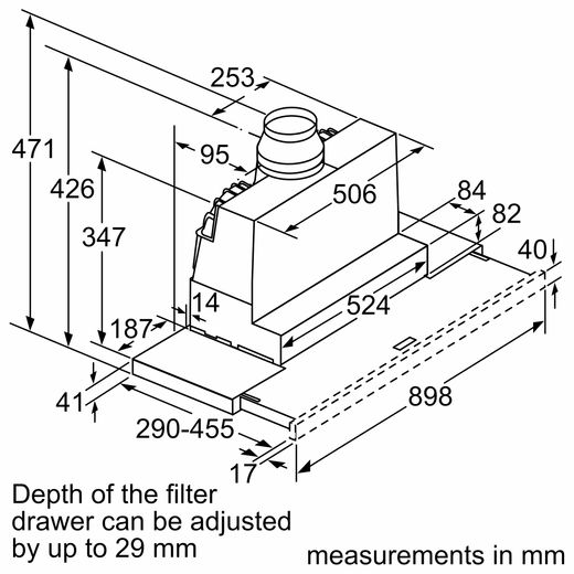Bosch DFS097A51B Telescopic Cooker Hood Silver - Dimensions